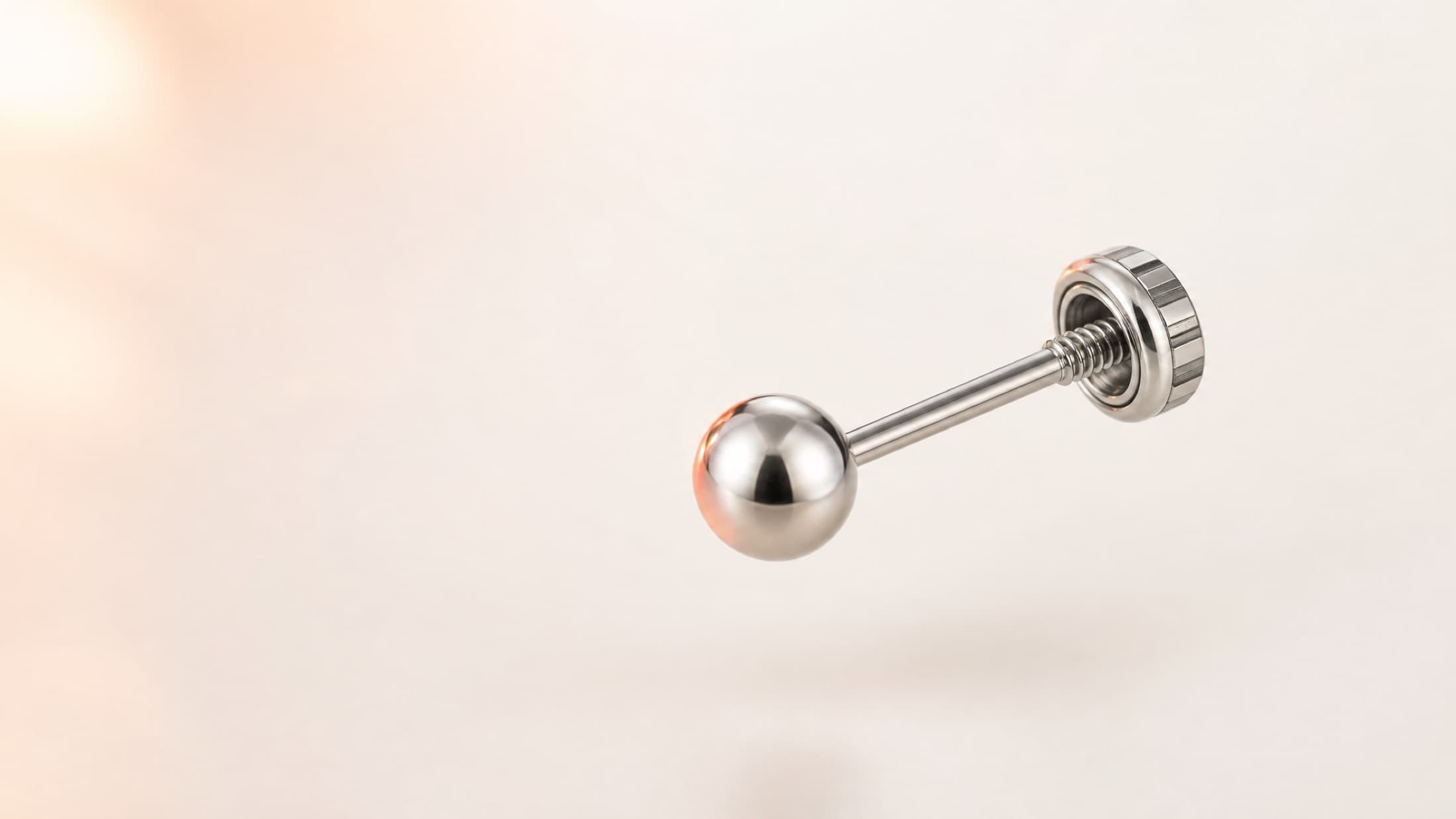 A single titanium ball stud earring photographed on its own, with the straight post and the screw-back both clearly visible